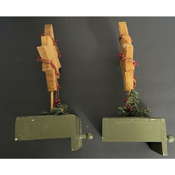 Vintage Set Of 2 Christmas Stocking Holders Farmhouse Cottagecore Wood Handmade - Picture 4 of 5